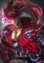 Rule 34 | 1boy, aura, brown hair, claws, collarbone, dragon install, glowing, glowing eye, guilty gear, guilty gear strive, hair between eyes, highres, jacket, looking at viewer, male focus, pectorals, ponytail, red eyes, red jacket, shaded face, simple background, sol badguy, yohane shimizu