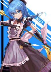Rule 34 | &gt;:), 1girl, apron, backless dress, backless outfit, bardiche (weapon), blue eyes, blue hair, braid, breasts, cleavage, closed mouth, crinoline, dress, elbow gloves, fingerless gloves, flat chest, frilled apron, frills, gloves, grey apron, hair between eyes, hair ornament, hairclip, hat, high-waist shorts, hololive, hoshimachi suisei, hoshimachi suisei (maid), long dress, long hair, maid, maid apron, nurse cap, official alternate costume, official alternate hair length, official alternate hairstyle, polearm, puffy short sleeves, puffy sleeves, see-through, see-through cleavage, see-through sleeves, short sleeves, shorts, side slit, single braid, solo, v-shaped eyebrows, virtual youtuber, yellow takano