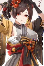 Rule 34 | 1girl, armpits, arms up, black gloves, breasts, brown hair, chiori (genshin impact), commentary request, disembodied limb, genshin impact, gloves, grey kimono, haori, highres, japanese clothes, kimono, large breasts, obi, orange eyes, parted lips, red sash, sash, sleeveless, sleeveless kimono, tomas (kaosu22), upper body