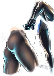 Rule 34 | 1girl, alternate costume, ass, backlighting, black footwear, black pantyhose, blue leotard, dripping, from behind, from side, high heels, highres, hip focus, izayoi sakuya, legs, legs apart, legs together, leotard, lower body, multiple views, pantyhose, pumps, ripples, shiny clothes, shiny skin, shoes, signature, simple background, sketch, tajima yuuki, thighband pantyhose, thighs, touhou, water, wet, white background, wide stance