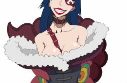 Rule 34 | 00s, 1girl, adiane, bad id, bad pixiv id, blue hair, breasts, cleavage, eyepatch, female focus, gishu, grin, head out of frame, large breasts, lipstick, long hair, makeup, smile, solo, tattoo, tengen toppa gurren lagann