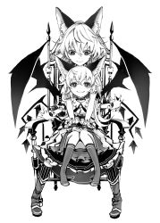 Rule 34 | 2girls, absurdres, animal ears, bat wings, boots, chair, choker, closed mouth, commentary request, fang, fang out, flandre scarlet, greyscale, hair between eyes, highres, kemonomimi mode, knees together feet apart, looking down, miniskirt, monochrome, multiple girls, no shoes, remilia scarlet, short sleeves, siblings, simple background, sisters, sitting, skirt, striped clothes, striped legwear, striped thighhighs, thighhighs, touhou, vertical-striped clothes, vertical-striped thighhighs, white background, wings, wrist cuffs, yutapon