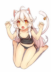 Rule 34 | 1girl, 3.14, ahoge, animal ears, bare legs, barefoot, bell, black panties, blush, breasts, cat ears, cat tail, fang, full body, jingle bell, long hair, looking at viewer, no pants, open mouth, orange eyes, original, panties, paw pose, side-tie panties, simple background, sitting, small breasts, solo, tail, tail bell, tail ornament, tank top, underwear, underwear only, wariza, white background, white hair