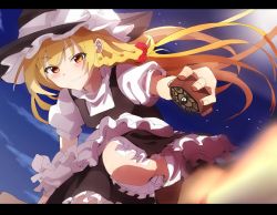 Rule 34 | 1girl, apron, black headwear, black skirt, black vest, blonde hair, blouse, bow, braid, breasts, broom, broom riding, buttons, cloud, cloudy sky, commentary request, frilled apron, frilled hat, frilled skirt, frills, grin, hair bow, hat, highres, holding, kirisame marisa, letterboxed, long hair, mini-hakkero, night, night sky, puffy short sleeves, puffy sleeves, red bow, shinmon akika, shirt, short sleeves, side braid, side ponytail, single braid, skirt, sky, small breasts, smile, touhou, turtleneck, very long hair, vest, white apron, white shirt, witch, witch hat, yellow eyes