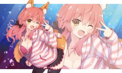 Rule 34 | 10s, 1girl, animal ears, bra, breasts, cleavage, collarbone, fang, fate/extra, fate (series), fox ears, fox tail, highres, hood, hoodie, jewelry, koga rejini, large breasts, necklace, official alternate costume, one eye closed, open clothes, open mouth, open shirt, pink bra, pink hair, shirt, solo, striped clothes, striped hoodie, tail, tamamo (fate), tamamo no mae (fate/extra), tamamo no mae (spring casual) (fate), underwear, yellow eyes, zoom layer