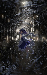 1girl :o absurdres apron bare_tree blue_dress blue_eyes branch commentary dress floating floating_hair forest frilled_dress frills full_body hat highres letty_whiterock light_particles long_sleeves midair nature no_shoes purple_hair scarf scenery short_hair snow socks solo touhou tree ushitsuchi waist_apron white_apron white_hat white_scarf white_socks