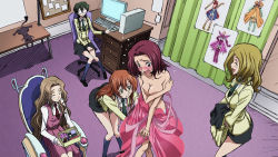 Rule 34 | 5girls, bare shoulders, blonde hair, blush, box, breasts, brown hair, cat, chair, cleavage, code geass, computer, covering privates, covering breasts, dress, embarrassed, closed eyes, green hair, highres, kouzuki kallen, large breasts, long hair, milly ashford, mouth hold, multiple girls, nina einstein, nunnally vi britannia, open mouth, red hair, school uniform, shirley fenette, shoes, short hair, skirt, smile, socks, wheelchair