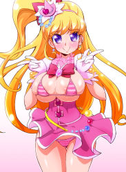 Rule 34 | 1girl, areola slip, asahina mirai, bikini, bikini top only, blonde hair, blush, bow, breasts, cowboy shot, cure miracle, curvy, double v, dress, earrings, gem, gloves, hair bow, hat, highres, jewelry, large breasts, long hair, looking at viewer, magical girl, mahou girls precure!, mini hat, mini witch hat, panties, pink hat, precure, purple eyes, ryuuta (cure ryuuta), side ponytail, skindentation, smile, solo, striped clothes, striped panties, swimsuit, underwear, v, very long hair, white gloves, wind, wind lift, witch hat