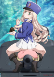 Rule 34 | 1girl, bc freedom military uniform, blonde hair, blue jacket, blue vest, cushion, eating, girls und panzer, high collar, jacket, kaname aomame, long hair, long sleeves, looking at viewer, looking back, marie (girls und panzer), military, military uniform, pleated skirt, skirt, straddling, tank turret, uniform, vest, white skirt