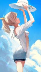 Rule 34 | 1girl, alternate costume, bikini, bikini under clothes, blonde hair, blue sky, bow, breasts, cloud, cloudy sky, commentary, cowboy shot, dappled sunlight, day, english commentary, from side, green eyes, hair bow, hands up, hat, highres, holding, holding clothes, holding hat, hololive, kazama iroha, lens flare, looking up, medium hair, multicolored bow, outdoors, parted lips, ponytail, see-through, see-through shirt, shirt, short sleeves, shorts, sky, small breasts, smile, solo, standing, sunlight, swimsuit, unworn hat, unworn headwear, virtual youtuber, white bikini, white shirt, xyunx