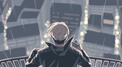 Rule 34 | 1boy, black coat, chainsaw man, cigarette, cityscape, coat, flask, grey hair, holding, holding cigarette, holding flask, kishibe (chainsaw man), kitunejima, looking down, male focus, muted color, popped collar, railing, rain, short hair, solo, undercut
