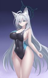 Rule 34 | absurdres, animal ear fluff, animal ears, asamura hiori, blue archive, breasts, broken halo, competition swimsuit, covered navel, cross hair ornament, dark halo, extra ears, grey hair, hair ornament, halo, highleg, highleg swimsuit, highres, huge breasts, mismatched pupils, one-piece swimsuit, shiroko (blue archive), shiroko terror (blue archive), swimsuit, wolf ears