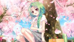 Rule 34 | 1girl, against tree, bento, blue sky, breasts, cherry blossoms, cherry tree, day, dot nose, film grain, food, from below, game cg, grass, green hair, grey skirt, hanami, hand on own arm, head tilt, izumi tsubasu, lens flare, long braid, long hair, looking at viewer, medium breasts, non-web source, official art, on ground, open mouth, outdoors, re:stage!, red ribbon, ribbon, shirokita kuroha, shirt, sitting, skirt, sky, smile, solo, sparkle, sunlight, thermos, tree, white shirt, yellow eyes