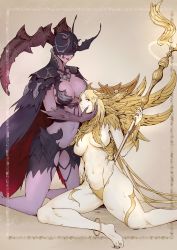 Rule 34 | 2girls, absurdres, anklet, barefoot, bberbn, blonde hair, breasts, cracked skin, demon girl, final fantasy, final fantasy xiv, forgiven obscenity, gold nails, highres, jewelry, multiple girls, red lips, revealing clothes, sin eater (ff14), thighs