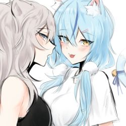 Rule 34 | 2girls, animal ear fluff, animal ears, bell, blue hair, blush, breast press, breasts, cat ears, cat girl, cat tail, daiishori, grey eyes, grey hair, highres, hololive, kemonomimi mode, large breasts, lion ears, lion girl, looking at viewer, looking back, multiple girls, open mouth, shirt, shishiro botan, symmetrical docking, tail, tail bell, tail ornament, tongue, tongue out, twintails, upper body, virtual youtuber, white background, white shirt, yellow eyes, yukihana lamy