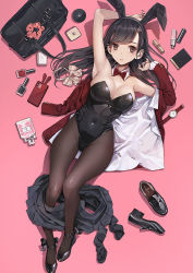 Rule 34 | 1girl, animal ears, armpits, arms up, bag, bare arms, bare shoulders, black footwear, black hair, black leotard, black skirt, bow, bowtie, breasts, brown eyes, brown pantyhose, cellphone, cleavage, covered navel, detached collar, duffel bag, fake animal ears, from above, groin, hairband, highleg, highleg leotard, jacket, koh (minagi kou), large breasts, leotard, loafers, long hair, long sleeves, looking at viewer, lying, miniskirt, mole, mole under eye, no bra, on back, open clothes, open jacket, original, pantyhose, parted lips, phone, pink background, playboy bunny, pleated skirt, rabbit ears, red jacket, shoes, unworn shoes, skirt, skirt around one leg, smartphone, solo, strapless, strapless leotard