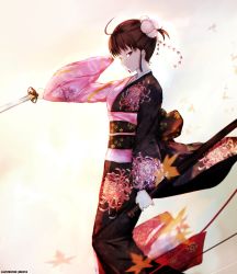 Rule 34 | 1girl, ahoge, artist name, chrysanthemum print, floral background, floral print, glint, hair ornament, highres, holding, holding sword, holding weapon, japanese clothes, kara no kyoukai, katana, kimono, looking at viewer, multicolored clothes, multicolored kimono, nekoya (liu), ryougi shiki, ryougi shiki (second ascension), sash, solo, sword, unsheathed, weapon