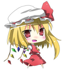 Rule 34 | 1girl, bad id, bad pixiv id, blonde hair, blush, chibi, fang, female focus, flandre scarlet, full body, hat, lowres, mob cap, ponytail, ribbon, short hair, simple background, solo, standing, subachi, touhou, white background, wings