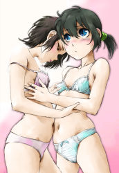 Rule 34 | 2girls, arm grab, black hair, blue eyes, blush, bow, bow bra, bow panties, bra, grabbing another&#039;s breast, breasts, closed eyes, closed mouth, commentary, frilled bra, frills, grabbing, gradient background, green bra, green panties, groping, hair tie, highres, leaning forward, light frown, looking up, marutaya, multiple girls, navel, open mouth, original, panties, pink background, pink bra, pink panties, short hair, short twintails, sketch, skindentation, small breasts, twintails, underwear, underwear only, yuri