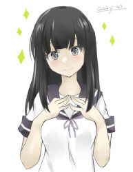 Rule 34 | 1girl, black hair, blue sailor collar, blunt bangs, collared shirt, gakky, grey eyes, hatsuyuki (kancolle), hime cut, kantai collection, long hair, looking at viewer, neckerchief, one-hour drawing challenge, pleated skirt, sailor collar, school uniform, serafuku, shirt, simple background, skirt, solo, sparkle, upper body, white background