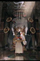 Rule 34 | 1girl, absurdres, ahoge, animal, armor, armored dress, belt, cow, dress, fingerless gloves, floor, gloves, hat, highres, holding, holding sword, holding weapon, hoshi rasuku, indoors, japanese armor, japanese clothes, kanji, katana, long hair, looking up, new year, original, pillar, red eyes, silver hair, smile, solo, sunlight, sword, very long hair, weapon, wooden floor, wooden wall