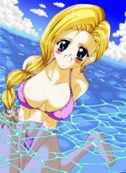Rule 34 | 1girl, absurdres, barefoot, bianca (dq5), bikini, blonde hair, blue eyes, blue sky, blush, breasts, collarbone, dragon quest, dragon quest v, earrings, feet, highres, jewelry, jun, large breasts, long hair, looking at viewer, navel, ocean, partially submerged, ponytail, purple bikini, sitting, sky, smile, solo, swimsuit, toes, wariza, water
