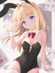 alice_cranpet animal_ears black_leotard blonde_hair blue_eyes bow bowtie breasts card commentary detached_collar fake_animal_ears gaarya highres indie_virtual_youtuber leotard long_hair motion_blur original playboy_bunny playing_card rabbit_ears red_bow red_bowtie small_breasts thighhighs virtual_youtuber white_thighhighs wrist_cuffs