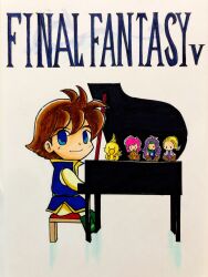 Rule 34 | 1boy, 1other, 3girls, absurdres, blonde hair, blue eyes, boco, brown hair, bartz klauser, character doll, chocobo, faris scherwiz, final fantasy, final fantasy v, highres, hio-sazanami, instrument, krile mayer baldesion (ff5), lenna charlotte tycoon, looking at viewer, multiple girls, piano, pink hair, purple hair, simple background, sitting, traditional media, white background