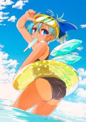 Rule 34 | 1girl, arm up, ass, bare arms, black one-piece swimsuit, blue bow, blue eyes, blue hair, blue sky, bow, caesar8149, cirno, cloud, day, diving mask, diving mask on head, food, goggles, goggles on head, hair bow, innertube, looking at viewer, mouth hold, one-piece swimsuit, one-piece tan, outdoors, popsicle, short hair, sky, solo, summer, swim ring, swimsuit, tan, tanline, tanned cirno, touhou, wading, water