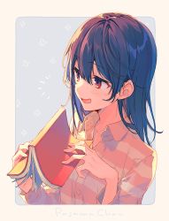 Rule 34 | 1girl, :d, ^^^, black hair, blue background, blush, book, collared shirt, commentary request, dress shirt, hair between eyes, holding, holding book, long hair, long sleeves, looking away, open book, open mouth, original, pink shirt, red eyes, reia, shirt, smile, solo, two-tone background, upper body