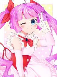 Rule 34 | 1girl, blue eyes, blush, dress, elbow gloves, frilled dress, frills, gloves, hair ribbon, hand up, highres, kirishima romin, long hair, looking at viewer, one eye closed, pink gloves, purple hair, red ribbon, ribbon, senri nk, sleeveless, sleeveless dress, smile, solo, twintails, upper body, white gloves, yu-gi-oh!, yu-gi-oh! sevens