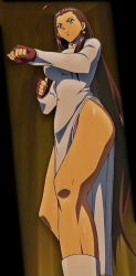 Rule 34 | 00s, 1girl, antenna hair, black hair, blue eyes, breasts, brown hair, china dress, chinese clothes, dress, earrings, fingerless gloves, gloves, ikkitousen, ikkitousen dragon destiny, jewelry, kakouen myousai, large breasts, legs, long hair, long legs, magatama, screencap, side slit, solo, standing, stitched, third-party edit, very long hair