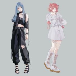 Rule 34 | 2girls, 510 gotoudayo, absurdres, asymmetrical clothes, belt, black pants, black shirt, black vs white, blue eyes, blue hair, blue nails, blunt bangs, boots, bracelet, brown eyes, buttons, cargo pants, chain, choker, crop top, cropped jacket, cross, cross earrings, detached sleeves, dog tags, double bun, ear piercing, earrings, fashion, full body, grey background, hair bun, highres, holding, jewelry, juliet sleeves, knee boots, lips, long hair, long sleeves, looking to the side, midriff, mole, mole under mouth, multiple girls, nail polish, navel, necklace, off shoulder, original, pants, parted lips, piercing, pink hair, pink nails, pouty lips, puffy sleeves, ribbon, ring, sandals, shirt, short hair, single detached sleeve, skirt, stuffed animal, stuffed toy, tank top, teddy bear, thigh strap, toe ring, white shirt, white skirt