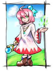 Rule 34 | 1girl, ahoge, closed mouth, final fantasy, final fantasy fables, full body, green eyes, looking at viewer, oomasa teikoku, pink hair, robe, shirma, short hair, solo, square enix, staff, white mage (final fantasy)
