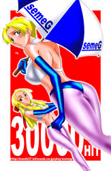 Rule 34 | 2girls, antenna hair, bad source, blonde hair, blue eyes, blue gloves, blue panties, blush, bow, breasts, covered erect nipples, earrings, elbow gloves, english text, gloves, hair bow, hair pulled back, holding, holding umbrella, jewelry, kanzuki karin, king (snk), large breasts, long hair, looking at viewer, mokkouyou bond, multiple girls, panties, pantyhose, purple pantyhose, race queen, red background, ringlets, short hair, sports bra, text background, the king of fighters, umbrella, underwear, white sports bra