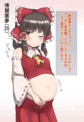 Rule 34 | 1860 (ichi), 1girl, ascot, blush, bow, brown eyes, brown hair, covered erect nipples, detached sleeves, hair bow, hair tubes, hakurei reimu, hand on own stomach, highres, japanese clothes, looking at viewer, miko, navel, one eye closed, pregnant, red bow, sidelocks, solo, touhou, translation request, white background, wide sleeves, yellow ascot