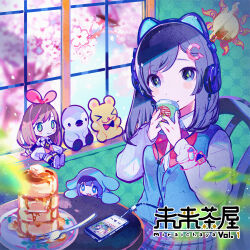 Rule 34 | 2girls, absurdres, album cover, animal ear headphones, animal ears, black hair, blue eyes, blue sweater vest, bow, bowtie, brown hair, butter, cable, cat ear headphones, chair, character doll, cherry blossoms, closed mouth, collared shirt, cover, cup, fake animal ears, food, fork, grey skirt, hair ornament, hairclip, hands up, headphones, highres, holding, holding cup, indie utaite, indoors, kiato, kizuna ai, kizuna ai inc., long hair, long sleeves, looking at viewer, mini person, minigirl, multicolored hair, multiple girls, original, pancake, pancake stack, phone, pink hair, plaid, plaid skirt, red bow, red bowtie, shirt, sitting, skirt, smile, souffle pancake, streaked hair, stuffed animal, stuffed toy, sweater vest, syrup, table, teddy bear, ugoku-chan, utaite, virtual youtuber, white shirt, window, yunomi (musician)