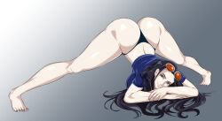 Rule 34 | 1girl, absurdres, ass, barefoot, bikini, black hair, breasts, curvy, full body, gradient background, highres, huge ass, jack-o&#039; challenge, kimkun0162, large breasts, long hair, meme, nico robin, one piece, panties, shiny skin, simple background, smile, solo, sunglasses, swimsuit, thick thighs, thighs, thong, thong bikini, underwear, very long hair, wide hips