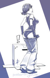 Rule 34 | !, 1girl, ass, bare shoulders, box, cardboard box, clothes pull, dressing, flipped hair, gloves, looking back, meryl silverburgh, metal gear (series), metal gear solid, monochrome, pants, pants pull, polarityplus, short hair, signature, simple background, smile, solo, tank top, underwear