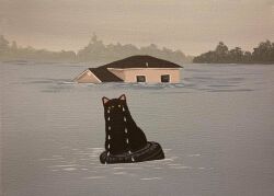 Rule 34 | black cat, building, cat, crying, danial ryan, day, flood, house, looking at viewer, no humans, original, outdoors, sitting, tears, tire, traditional media, tree