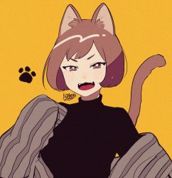 Rule 34 | 1girl, animal ears, black shirt, brown eyes, brown hair, cat ears, cat tail, fangs, kisaragi yuu (fallen sky), looking at viewer, open mouth, original, shirt, short hair, signature, simple background, smile, solo, tail, upper body, yellow background