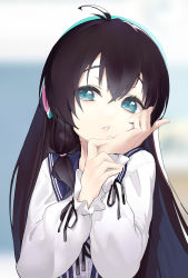 Rule 34 | 1girl, ahoge, bad id, bad pixiv id, black hair, blue eyes, blue sailor collar, blurry, blurry background, commentary request, copyright request, depth of field, hair between eyes, hands up, highres, long hair, long sleeves, looking at viewer, parted lips, puffy long sleeves, puffy sleeves, rsk (tbhono), sailor collar, school uniform, serafuku, shirt, solo, upper body, very long hair, virtual youtuber, white shirt