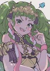 Rule 34 | 1girl, :d, arched bangs, breasts, cleavage, commentary request, coral 3535, dress, fire emblem, fire emblem: three houses, green hair, hair ornament, long hair, looking at viewer, nintendo, open mouth, pointy ears, sleeveless, sleeveless dress, small breasts, smile, solo, sothis (fire emblem), teeth, upper body, upper teeth only