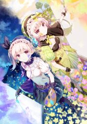 Rule 34 | 2girls, atelier (series), atelier lydie &amp; suelle, blush, bow, breasts, bucket, cleavage, closed mouth, dress, flower, frilled shirt, frills, gloves, hairband, highres, hitoba, holding, holding bucket, holding paintbrush, holding palette, long hair, looking at viewer, lydie marlen, medium breasts, multiple girls, paint splatter, paintbrush, palette (object), pink hair, red eyes, ribbon, shirt, short sleeves, siblings, side ponytail, sisters, skirt, smile, standing, suelle marlen, twins, white shirt, wrist cuffs, yellow bow, yellow dress