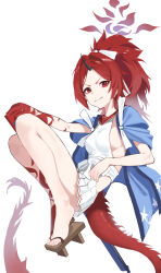 Rule 34 | 1girl, absurdres, ass, black horns, blue archive, breasts, commentary, dragon tail, eyeshadow, full body, geta, gubbi on, haori, highres, horns, japanese clothes, korean commentary, long hair, makeup, pleated skirt, ponytail, red eyes, red eyeshadow, red hair, red sailor collar, red tail, renge (blue archive), sailor collar, school uniform, serafuku, simple background, single horn, skirt, small breasts, solo, tail, white background, white skirt