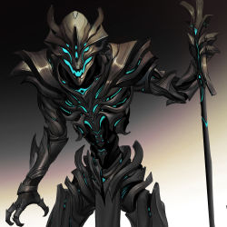 Rule 34 | 1boy, blue eyes, claws, cyborg, devil lo, glowing, gradient background, highres, holding, holding staff, male focus, necromancer, open mouth, original, science fiction, solo, staff