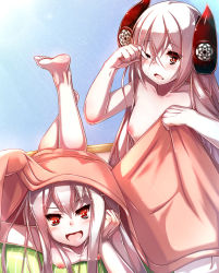 Rule 34 | 10s, 2girls, abyssal ship, aged down, air defense princess, aircraft carrier oni, bare shoulders, barefoot, blanket, blush, breasts, collarbone, colored skin, finger to eye, fuuki (nicoseiga), fuuki (te fuukin), hair between eyes, headgear, horns, kantai collection, legs up, long hair, looking at viewer, lying, multiple girls, nipples, nude, on stomach, one eye closed, open mouth, red eyes, small breasts, smile, the pose, very long hair, white hair, white skin