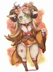 Rule 34 | 1girl, animal ears, blush, body fur, bottomless, eyebrows, female focus, flower, full body, furry, furry female, goat, goat ears, goat horns, gradient hair, green eyes, hair ornament, happy new year, horns, japanese clothes, long hair, makeup, multicolored hair, new year, open mouth, orange hair, original, rikose, sandals, slit pupils, solo, standing, thick eyebrows, thick thighs, thighs, very long sleeves, white hair