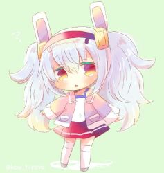 Rule 34 | 1girl, :o, animal ears, azur lane, bare shoulders, blush, camisole, chibi, commentary request, full body, green background, grey footwear, hair between eyes, hair ornament, hairband, jacket, kou hiyoyo, laffey (azur lane), long hair, long sleeves, off shoulder, parted lips, pink jacket, pleated skirt, rabbit ears, red eyes, red hairband, red skirt, silver hair, skirt, solo, standing, thighhighs, twintails, twitter username, very long hair, white camisole, white thighhighs, wide sleeves