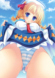 Rule 34 | 1girl, blonde hair, blue eyes, blush, breasts, capcom, clothes lift, cloud, day, from below, furukawa lemon, hat, large breasts, looking at viewer, looking down, miniskirt, monster hunter (series), panties, quest receptionist (monster hunter 3 ultimate), skirt, skirt lift, sky, solo, striped clothes, striped panties, textless version, underwear, upskirt